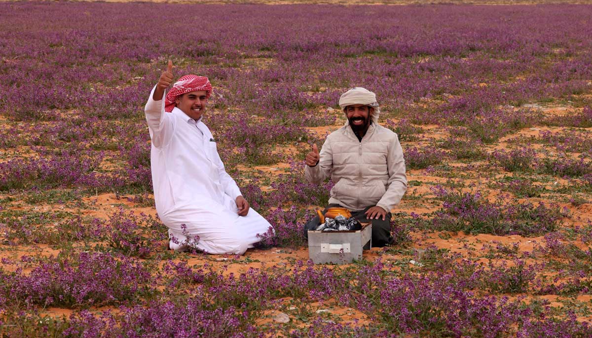 Two men prepare tea in the field covered with lavendar-coloured blooms in Rafha town, near the border with Iraq, on February 13, 2023. — AFP