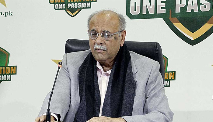 PCB Management Committee Chairman Najam Sethi addressing a media conference at Gaddafi Stadium on January 23, 2023. — APP