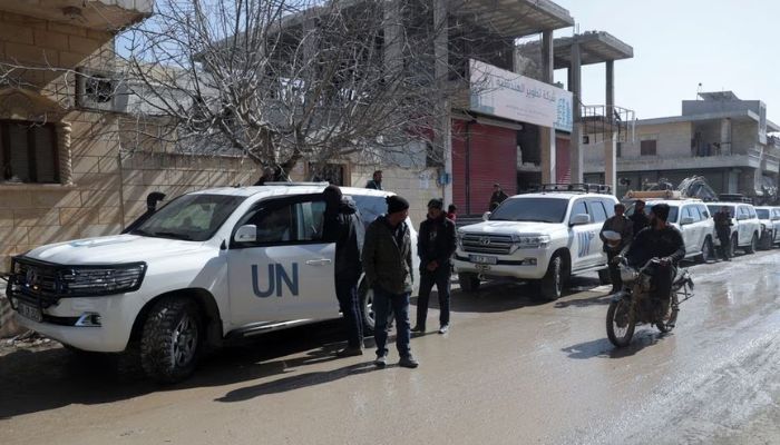A convoy of the United Nations (UN) delegation is seen in the rebel-held town of Jandaris, in the aftermath of a deadly earthquake, in Syria February 18, 2023.— Reuters