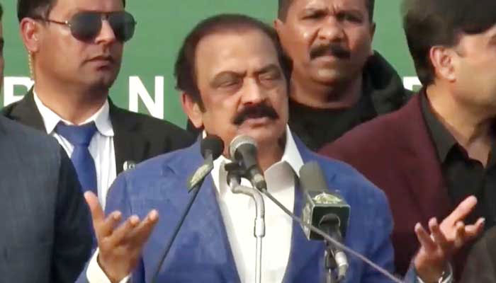 Interior Minister Rana Sanaullah addresses the PML-N workers convention in Rawalpindi on February 19, 2023, in this still taken from a video. — Twitter/PML-N