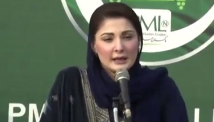 Pakistan Muslim League-Nawaz Senior Vice-PresidentMaryam Nawaz addresses a workers convention of the party in Rawalpindi.— Twitter/screengrab/ pmln_org