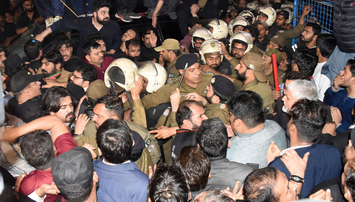 A view of clash between police and PTI workers during Chairman PTI and former Prime Minister Imran Khan's hearing in Lahore High Court on February 23, 2023. — Online