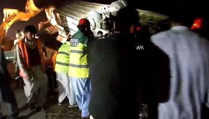 The picture shows rescue officials at the site of incident in Kallar Kahar. — Twitter/@NAof Pakistan