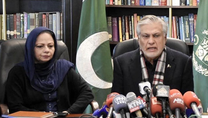 Federal Minister for Finance and Revenue Senator Mohammad Ishaq Dar along with State Minister for Finance Aisha Ghaus Pasha briefing the media on the conclusion of the talk with the IMF Mission at the Finance Division on February 10, 2023.— NNI