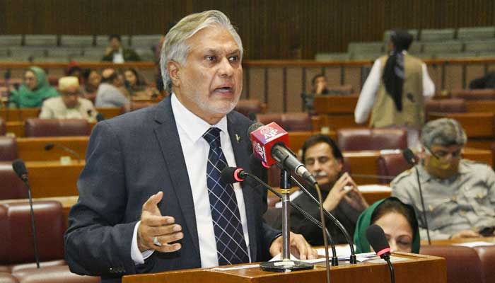 Finance Minister Ishaq Dar speaks in the National Assembly after lawmakers unanimously pass the Finance(Supplementary) Bill, 2023 in Islamabad on February 20, 2023. — Twitter/NAofPakistan