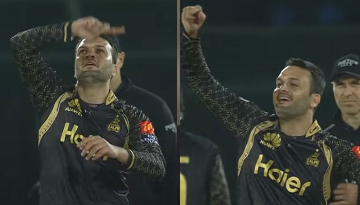 Peshawar Zalmis leg spinner Usman Qadir is celebrating after dismissing Jason Roy on February 20, 2023. —screengrab/Youtube@PakistanSuperLeagueOfficialPSL