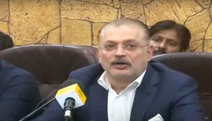 Information and Transport Minister Sharjeel Inam Memon addressing a press conference in Karachi on February 20, 2023. — YouTube screengrab/Geo News