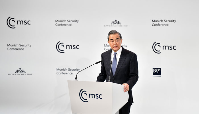 Chinas State Councillor and Foreign Minister Wang Yi while delivering a keynote speech at the 59th Munich Security Conference on February 19, 2023. — Twitter/@SpokespersonCHN