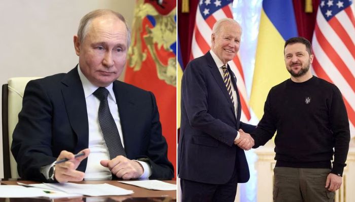 Russias President Vladimir Putin takes part in an event marking Gazproms 30th anniversary (L), Ukraines President Volodymyr Zelenskiy and U.S. President Joe Biden shake hands (R).— Reuters
