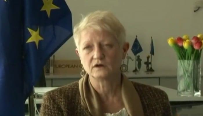 European Union Ambassador to Pakistan Dr Riina Kionka speaks to Geo News in Islamabad on February 21, 2023, in this still taken from a video. — Geo News