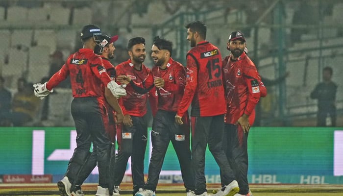 Lahore Qalandars celebrate during the 10th match of the eighth edition of the Pakistan Super League in National Bank Cricket Arena, Karachi on February 21, 2023. — PSL