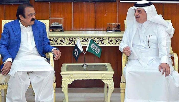 Interior Minister Rana Sanaullah and Saudi Arabias ambassador to Pakistan Nawaf bin Saeed Al Maliki meet in Islamabad. — Radio Pakistan/File