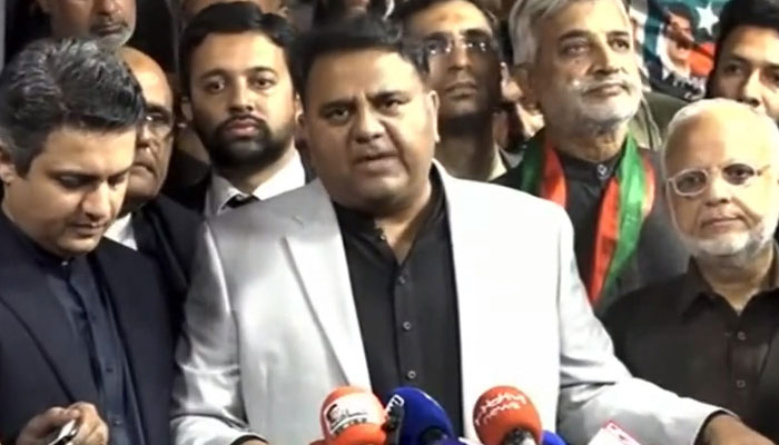 PTI Senior Vice President Fawad Chaudhry addresses a press conference in Lahore on February 21, 2023, in this still taken from a video.— YouTube/GeoNewsLive