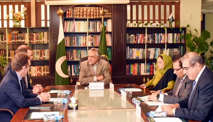 A delegation of M/s Rothschild & Co comprising Eric Lalo, Partner and Thibaud Fourcade, Managing Director call on Finance Minister Ishaq Dar in Islamabad on February 21, 2023. PID