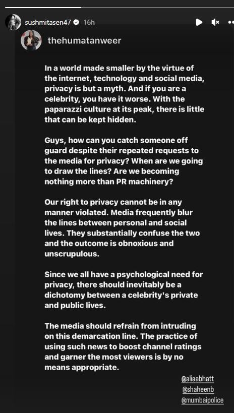 Sushmita Sen slams paparazzi culture in support of Alia Bhatt