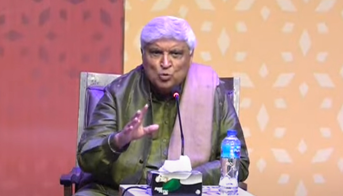 Indian poet and writer Javed Akhtar speaks during theFaiz Festival in Lahore, in this still taken from a video. — YouTube/GeoNews