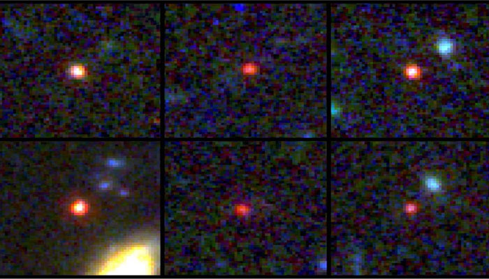 Images of six candidate massive galaxies, seen 540 to 770 million years after the Big Bang, are shown in this undated image based on observations from NASA's James Webb Space Telescope.—Reuters