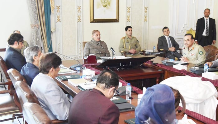 Prime Minister Shehbaz Sharif chairs a meeting of the National Apex Committee in Islamabad, on February 24, 2023. — PM Office