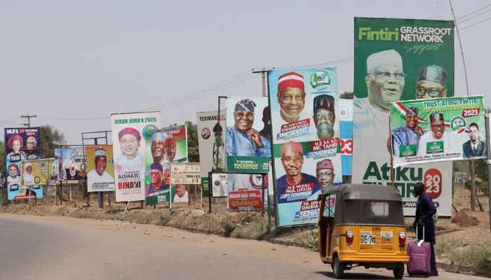 Electoral campaign posters are seen in Numan road, ahead of Nigerias Presidential elections, in Yola, Nigeria, February 23, 2023.— Reuters
