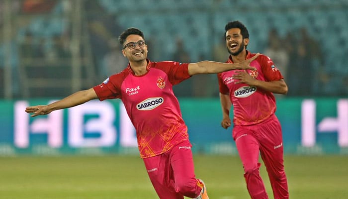 Players of Islamabad United celebrate during the 13th match of the eighth season of the Pakistan Super League in the National Bank Cricket Arena in Karachi on February 24, 2023. — PSL