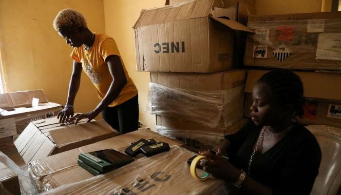 Employees sort electoral material at Independent National Electoral Commission (INEC) office, ahead of Nigerias Presidential election in Anaocha, Anambra state, Nigeria February 24. 2023. Reuters