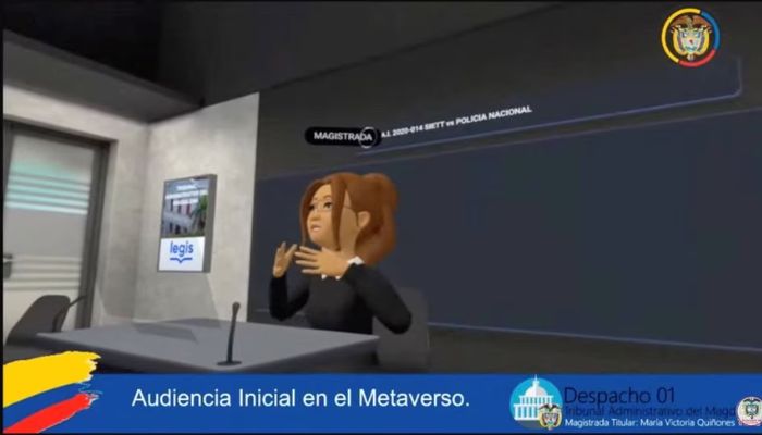 A magistrate speaks during a Colombian court hearing held in the Metaverse, February 15, 2023, in this still image taken from a social media video.— Reuters