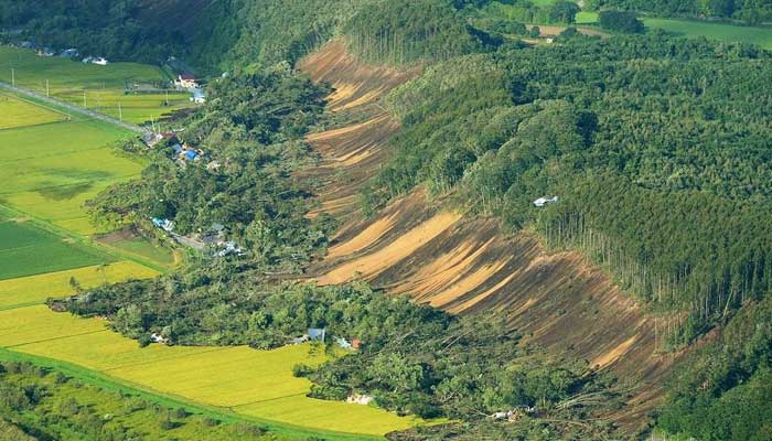 A file photo of an aerial view of homes damaged by a landslide in Atsuma town, Hokkaido prefectur , after an earthquake hit the northern Japanese island of Hokkaido. — AFP/File