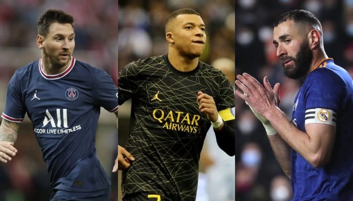 Paris St Germains Lionel Messi (L), Kylian Mbappe (C) and Real Madrids Karim Benzema (R). — Reuters