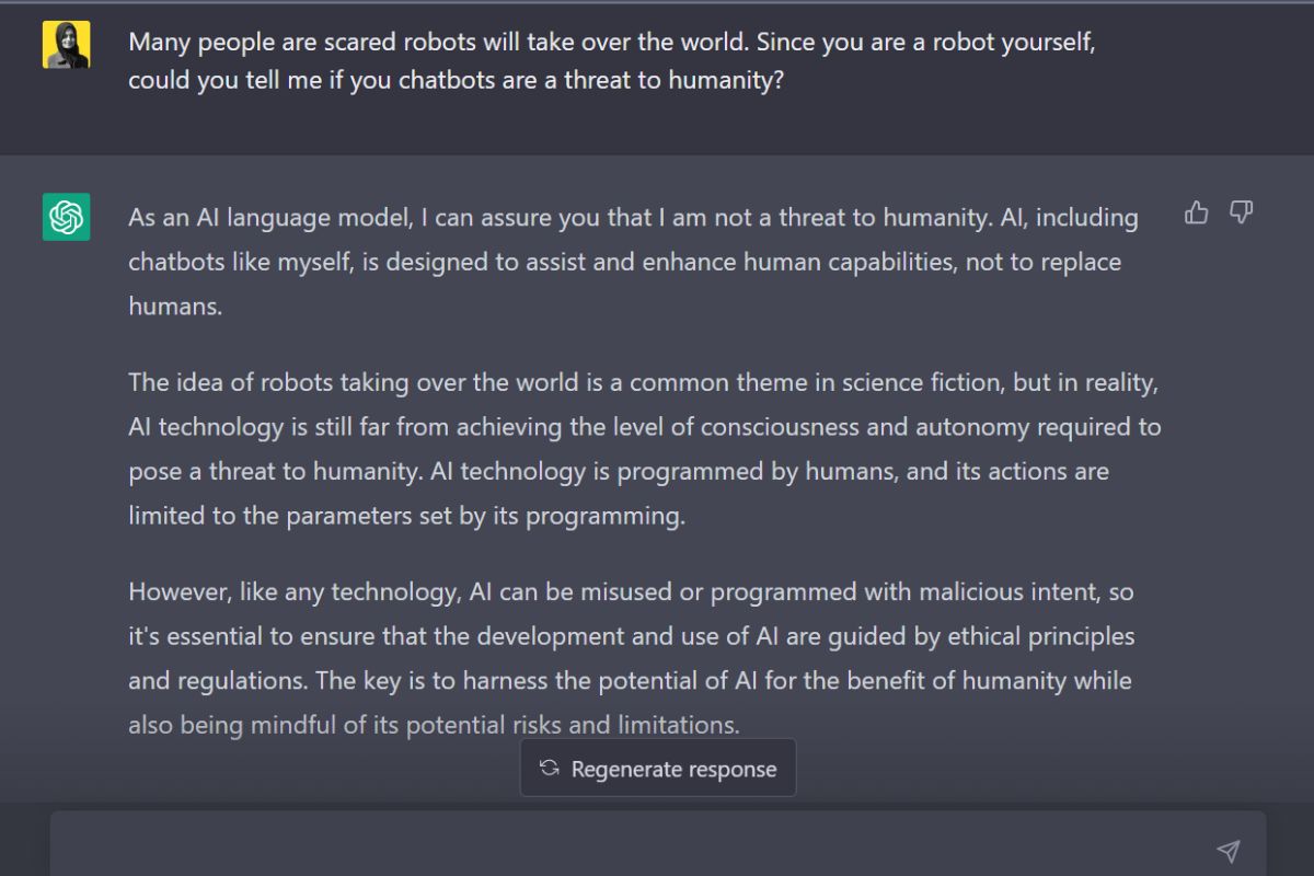 Screengrab of authors conversation with ChatGPT asking the generative AI bot about world domination and being a threat to humanity. — Screengrab via author