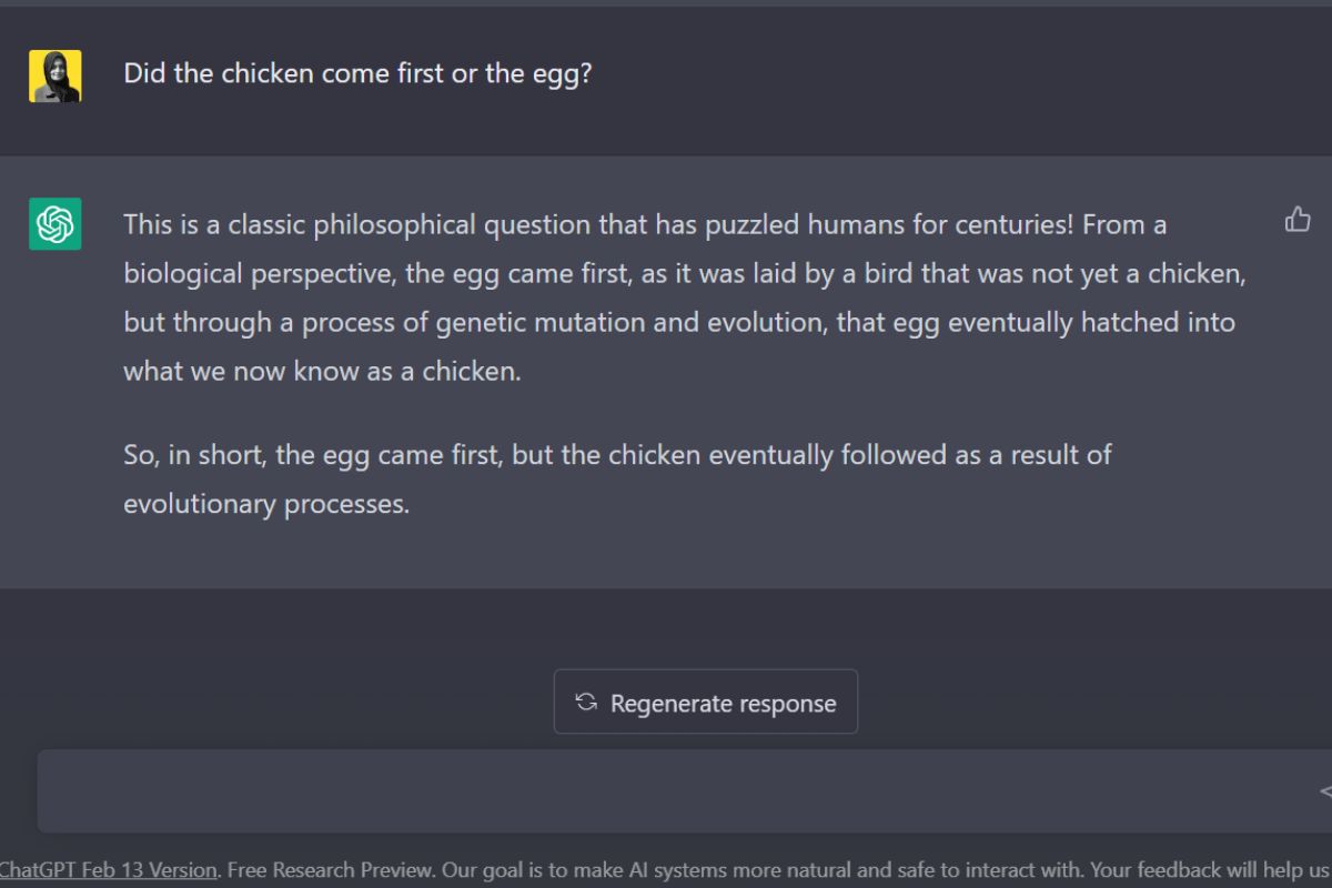 Screengrab of authors conversation with ChatGPT asking a classic philosophical question. — Screengrab via author