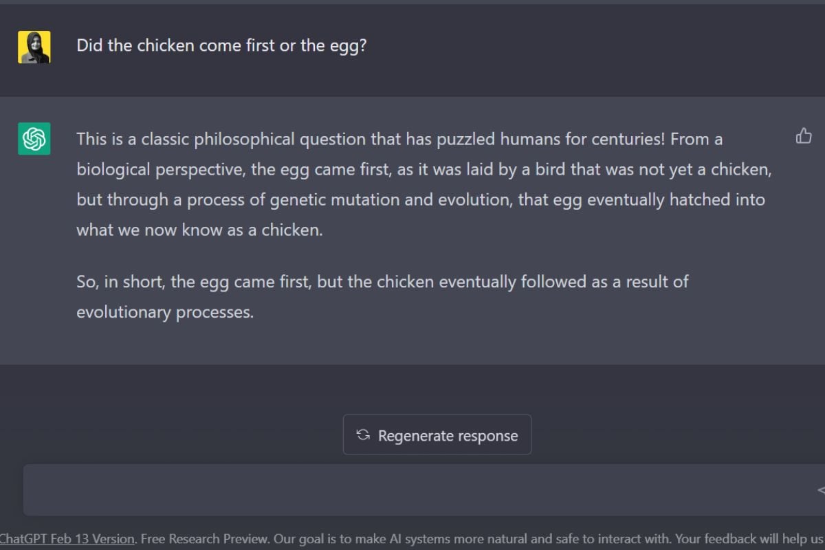 Screengrab of authors conversation with ChatGPT asking a classic philosophical question. — Screengrab via author