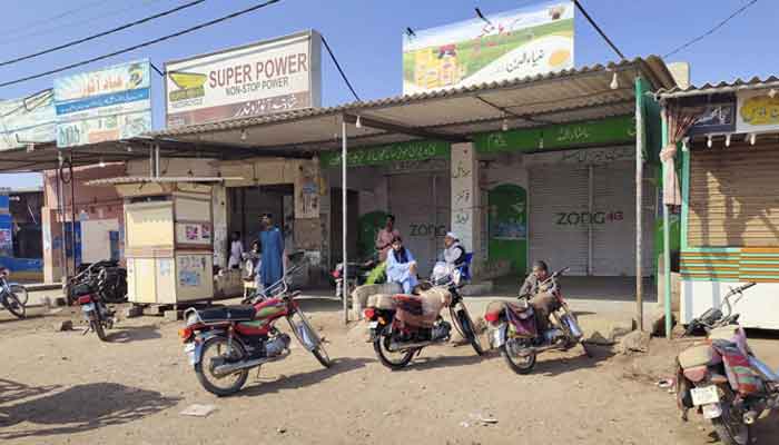 The picture shows closed shops due to shutter down strike by TLP in Karachi on February 27, 2023. — Geo.tv