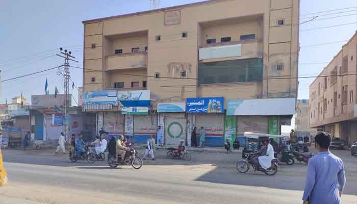 The picture shows closed shops due to shutter down strike by TLP in Karachi on February 27, 2023. — Geo.tv