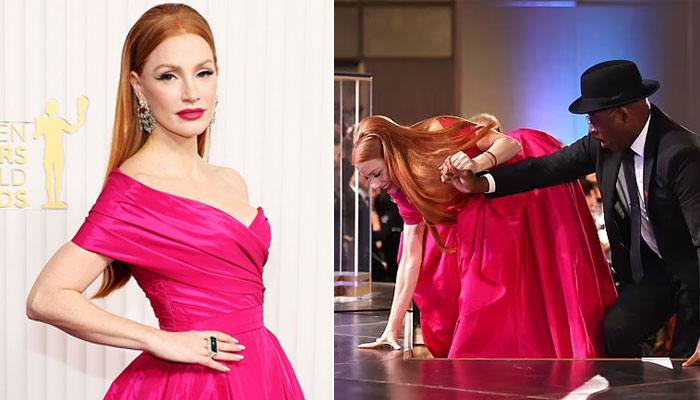 Jessica Chastain stumbles on stairs as she wins 2023 SAG Awards, Paul Mescal helps her