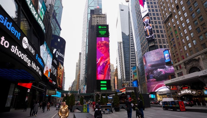 Photograph of Spotify EQUAL’s digital billboard at Times Square showing Nastaha Humera Ejaz in New York City. — Spotify