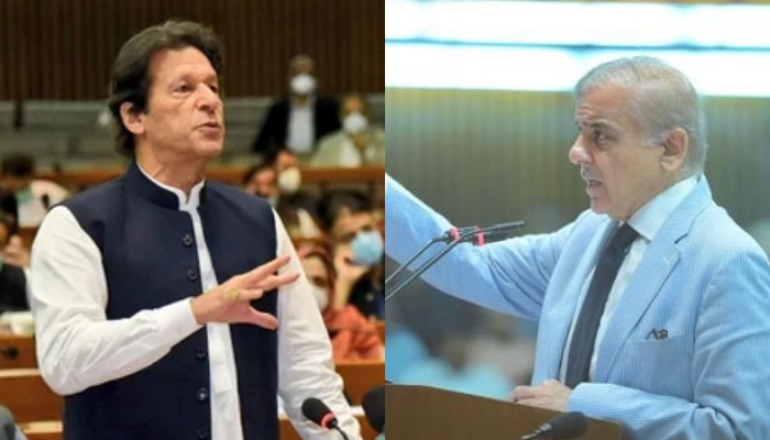 Former prime minister Imran Khan and Prime Minister Shehbaz Sharif addressing the National Assembly. — National Assembly/Files
