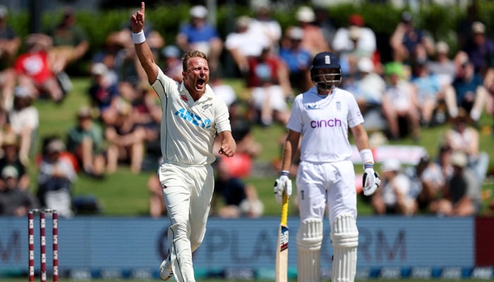 New Zealands Neil Wagner celebrates his wicket of Englands Ollie Pope during day three of the first cricket Test match between New Zealand and England at Bay Oval in Mount Maunganui on February 18, 2023. — AFP
