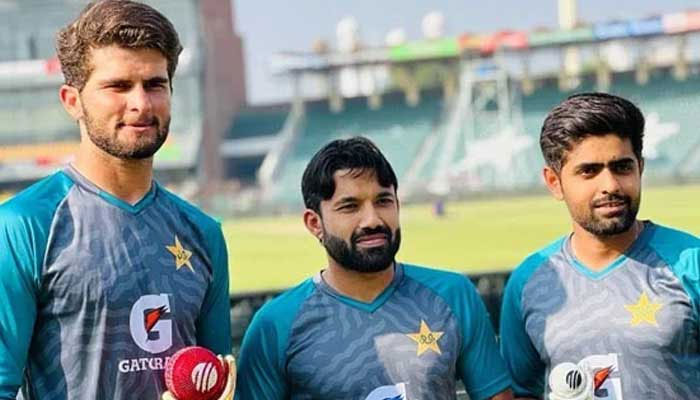 (Right to left) Pakistan captain Babar Azam, wicket-keeper-batter Mohammad Rizwan, and fast bowler Shaheen Shah Afridi — Twitter/iShaheenAfridi