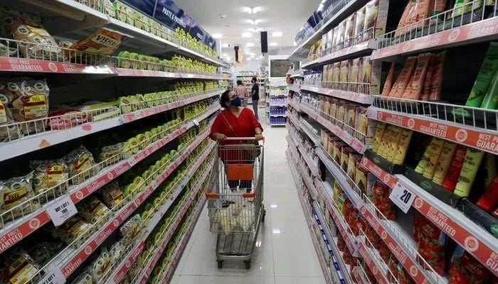 An undated image of a woman purchasing monthly groceries from a supermarket. — Reuters/File