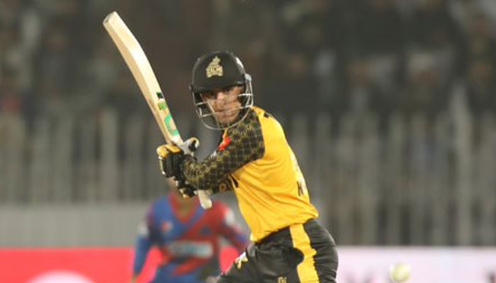 Peshawar Zalmi batter hits a shot during the 17th match of the Pakistan Super League (PSL) at the National Bank Cricket Arena in Karachi on March 1, 2023. — PSL