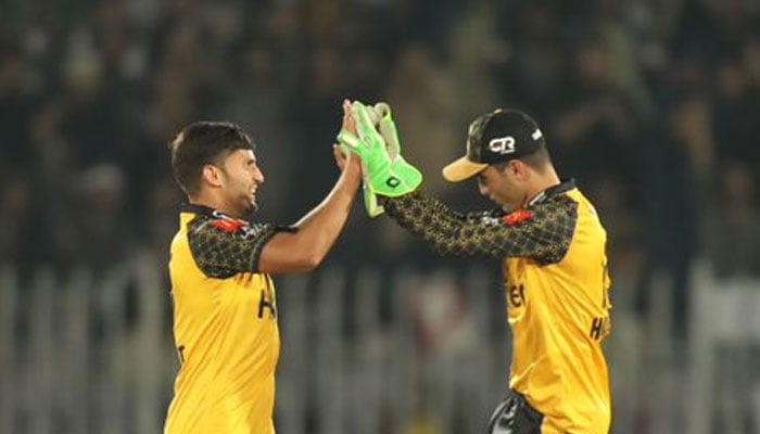 Peshawar Zalmi batters celebrate during the 17th match of the Pakistan Super League (PSL) at the National Bank Cricket Arena in Karachi on March 1, 2023. — PSL