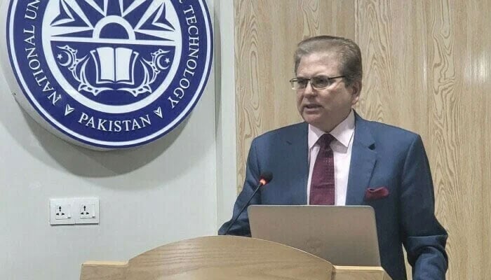 In this file photo, Pakistan’s Special Representative for Afghanistan Muhammad Sadiq speaking at the National University of Sciences and Technology on Dec 2. — Twitter/AmbassadorSadiq