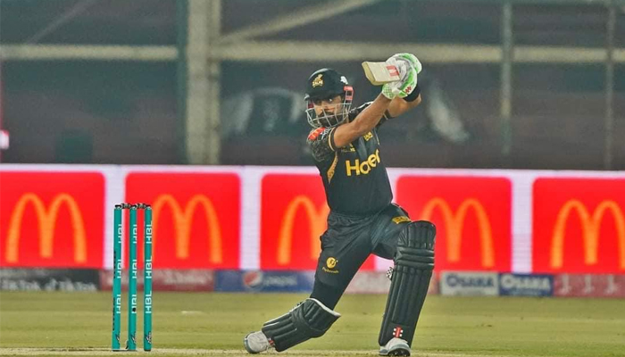 Peshawar Zalmi Captain Babar Azam while taking a shot in PSL 2023 match on February 14, 2023. — Twitter/@babarazam258