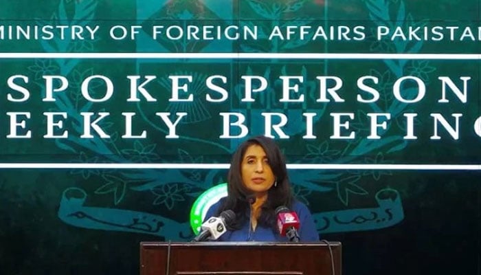 Ministry of Foreign Affairs spokesperson Mumtaz Zahra Baloch addresses a weekly press briefing at the Ministry of Foreign Affairs in Islamabad. — APP/File