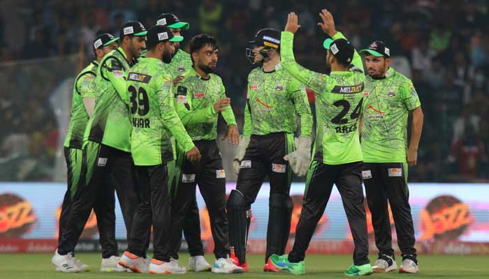 Lahore Qalandars celebrate a wicket in match against Quetta Gladiators on March 2, 2023 at the Gaddafi Stadium in Lahore. — Twitter/@lahoreqalandars