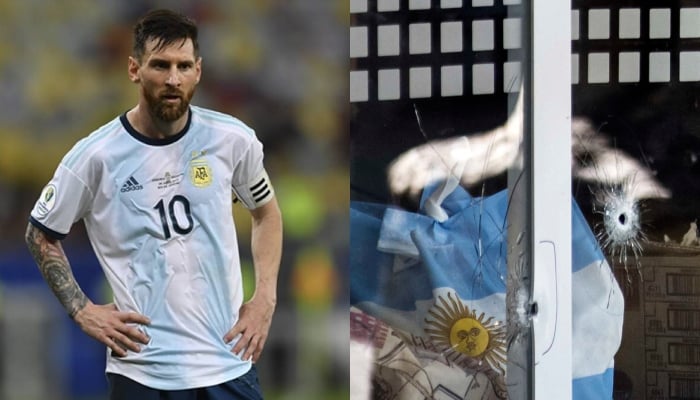 Argentinian footballer Lionel Messi (left) and a photo of his bullet-riddled family store. — Reuters/AFP
