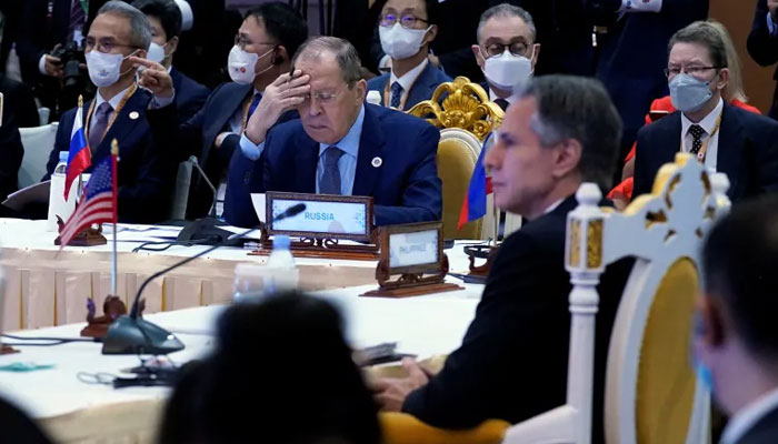 US Secretary of State Antony Blinken and Russian Foreign Minister Sergey Lavrov, shown here at a meeting in August in Phnom Penh, spoke briefly at the G20 foreign ministers meeting in New Delhi on March 2, 2023