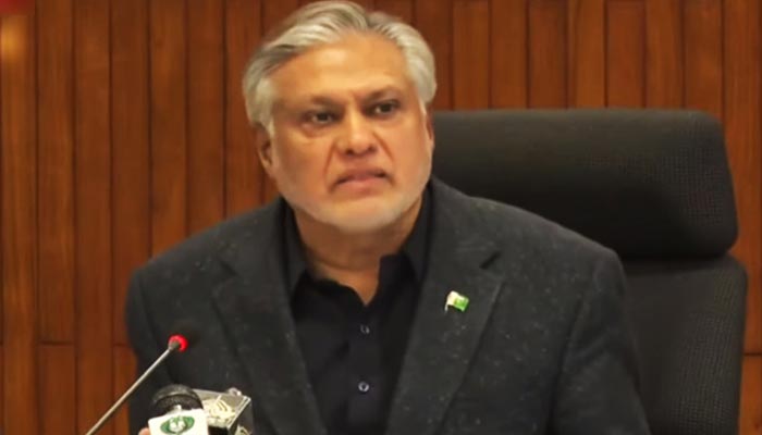 Federal Minister for Finance and Revenue Ishaq Dar addressing a press conference on March 3, 2023, in Islamabad, in this still taken from a video. — YouTube/Geo News