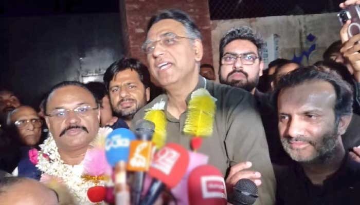 PTI Secretary GeneralAsad Umar speaking to the media after being released from Rajanpur Jail on March 4, 2023. — Instagram/ptiofficial