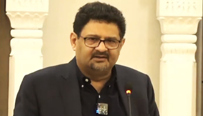 Former federal minister Miftah Ismail addresses an event in Karachi, on March 4, 2023, in this still taken from a video. — YouTube/GeoNews